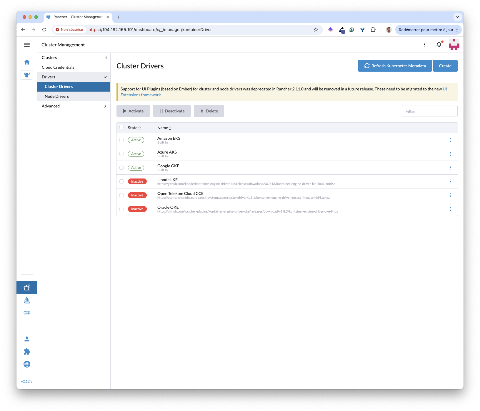 Cluster drivers list