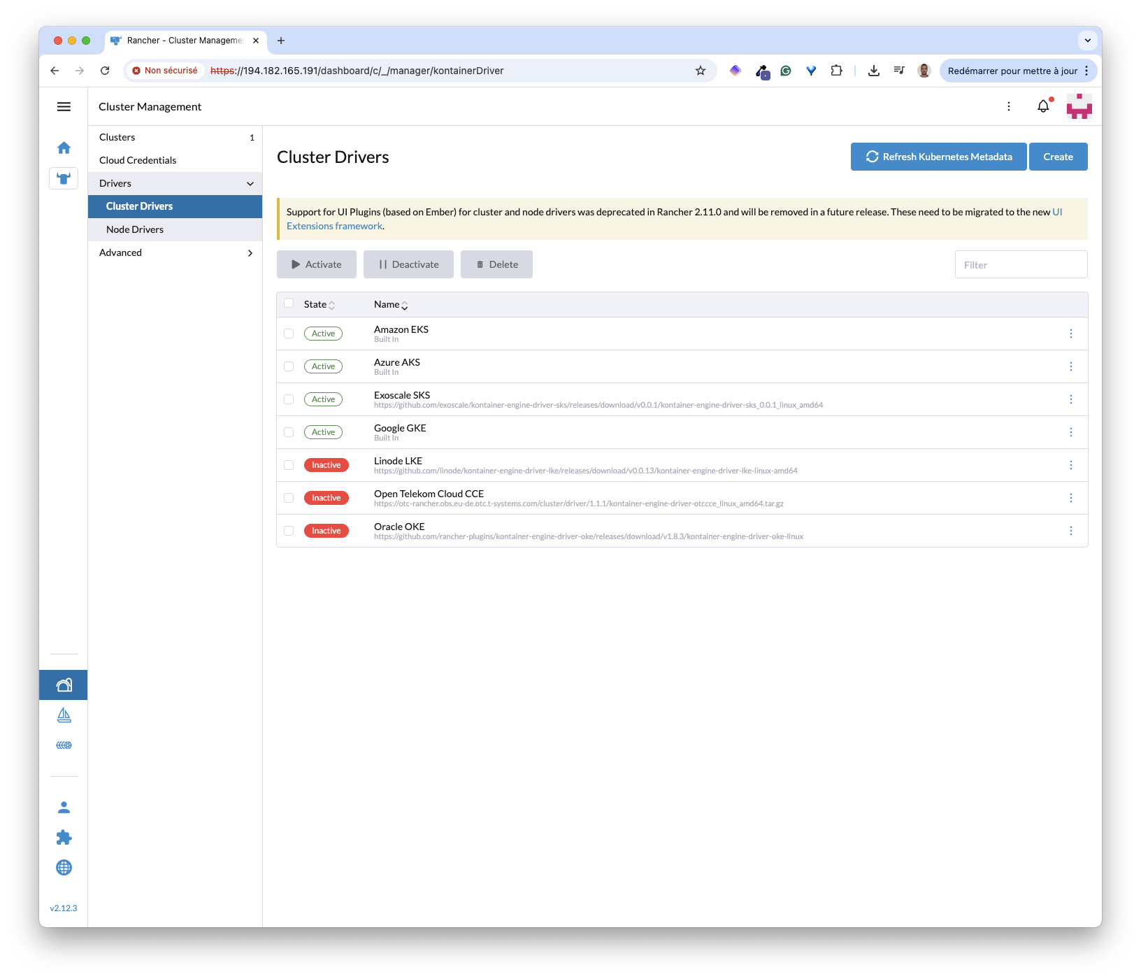 Cluster drivers list